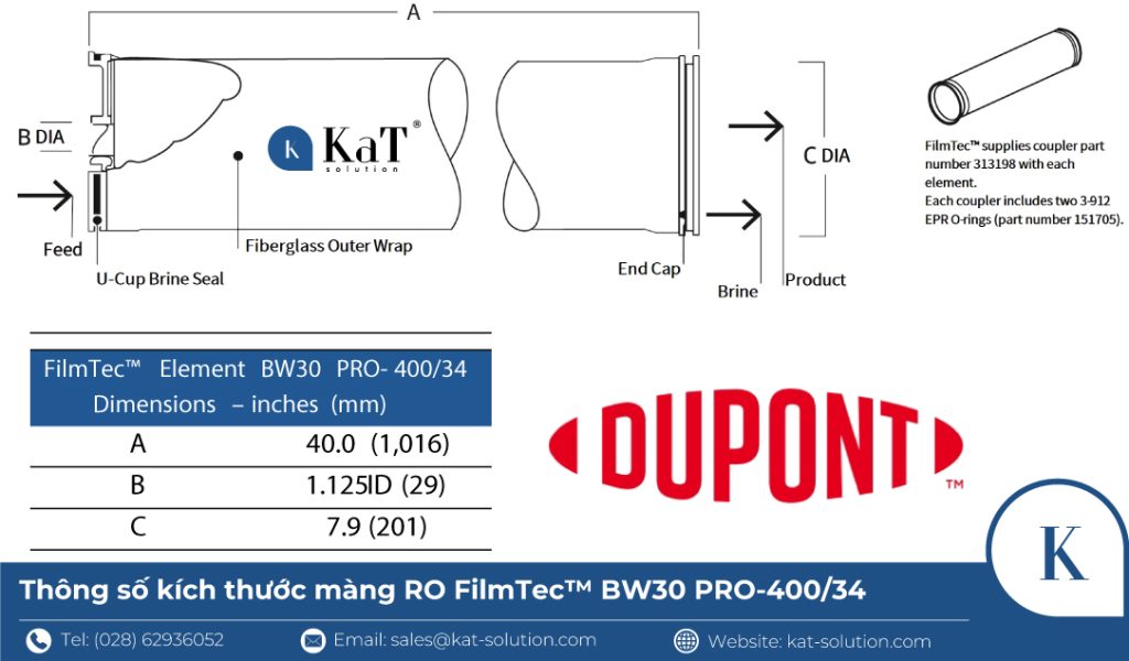 Thông số kích thước Màng lọc RO Dupont FilmTec BW30 PRO-400-34