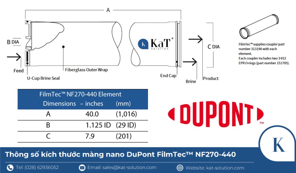 Thông số kích thước màng nano DuPont FilmTec NF270-440